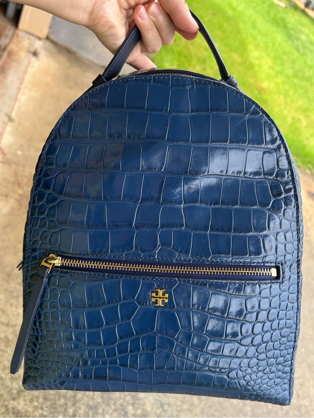 Tory Burch Croc-Embossed Navy Mini Backpack with Gold Hardware